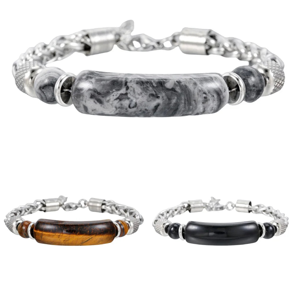 Noter Cuban Chain Bracelet For Men Adjustable Natural Tiger Eyes Map Obsidian Stone Braslet Stainless Steel Hiphop Rock Jewelry