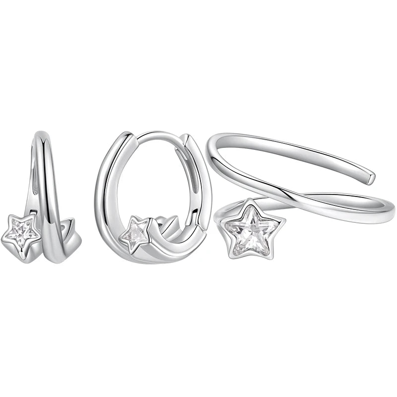 Bamoer 925 Sterling Silver CZ Starlight Jewelry Set Double Layer Star Hoop Huggies Earrings for Women Teen Minimalist Party Gift