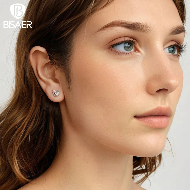 BISAER Real 925 Sterling Silver Wing Stud Earrings Heart Zircon Hypoallergenic Earrings for Women Party Weedding Fine Jewelry