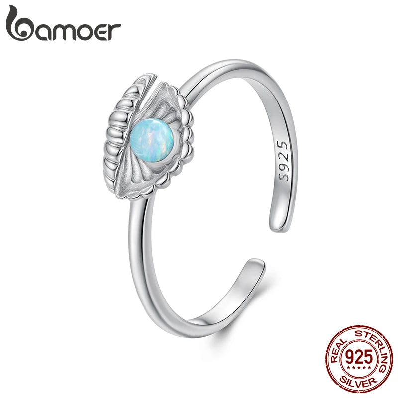 BAMOER 2025 Solid 925 Sterling Silver Iridescent Shell Adjustable Rings Lovely Open Ring Jewelry for Women SCR1119-E