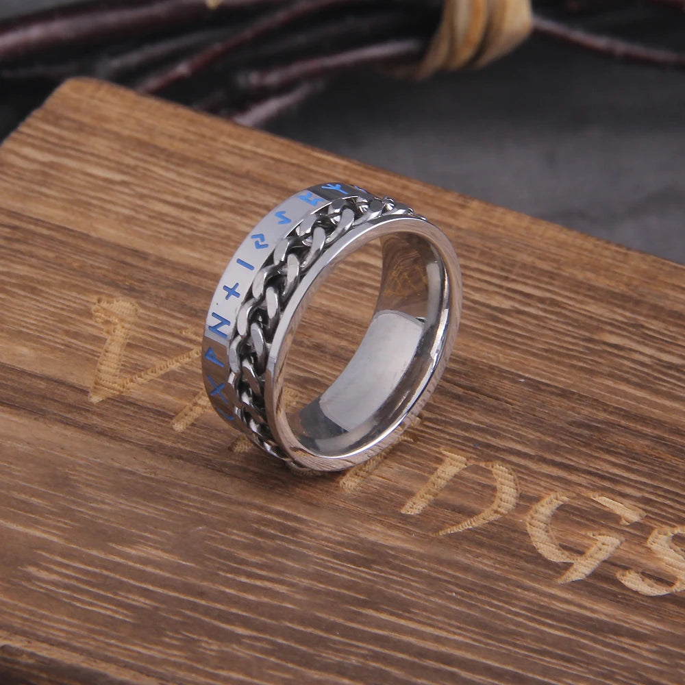 Stainless Steel Chain Ring with Norse Runes