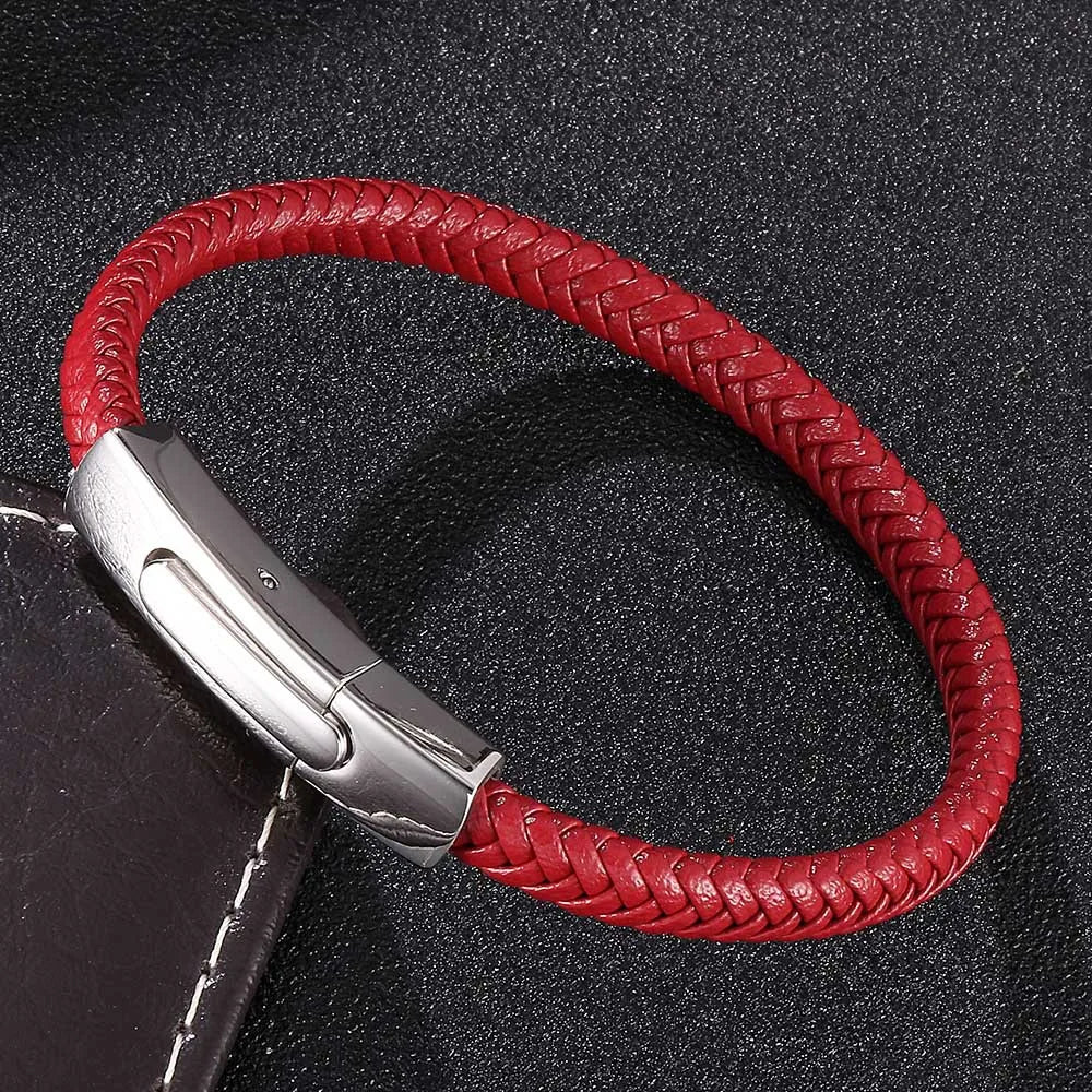 MKENDN Simple Style Red Braided Leather Bracelet for Men & Women Stainless Steel Button Jewelry Unisex Couple Gift Classic Gifts