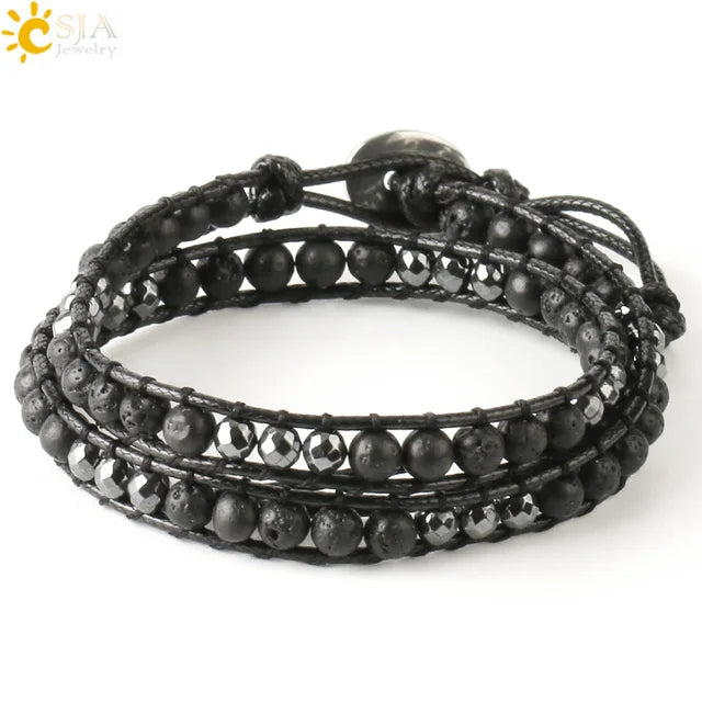 CSJA Turquoise Man Bracelet Bohemian Handmade Braides Bangle Indian Agate Crystal Beaded Double Layer Bracelets Women Homme S625