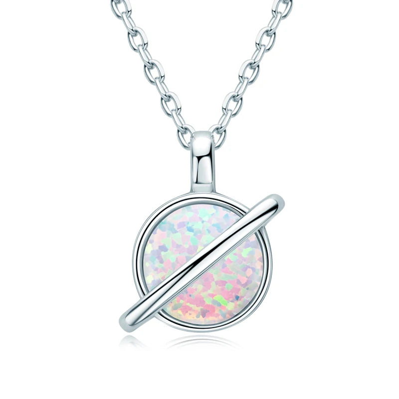 8mm Round White Fire Opal Fashion Planet Necklace Classic 925 Sterling Silver Ladies Pendant Necklace for Women Exquisite Gift