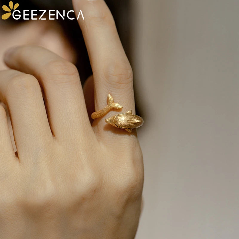 GEEZENCA 925 Silver Moissanite Stone Dolphin Shaped Resizable Rings For Women 18K Gold Italian Craft Chic Luxury Ring 2024 New