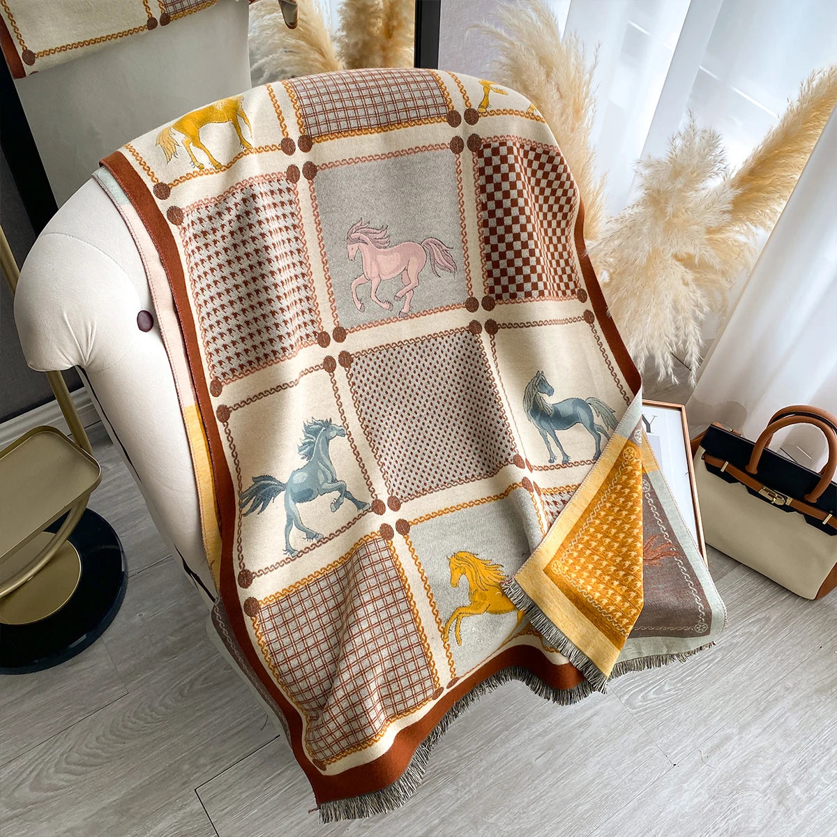 New Women Imitation Cashmere Two Sided Horse Print Scarf Soft Warm Pashmina Shawl Autumn Winter Coldproof Windproof Blanket