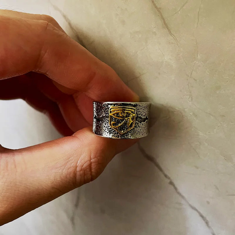 Bague large œil d'Horus doré craquelé rétro pour homme, style punk gothique, ajustable, bijou de créateur fait main, accessoire unisexe