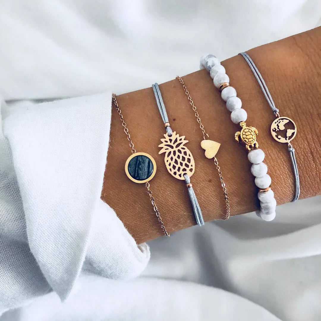 Trendy Geometric Link Chain Bracelet Set For Women Rhinestones Gold Color Leaves Heart Pendant Open Cuff Bangle Girls Jewelry - Madeinsea©