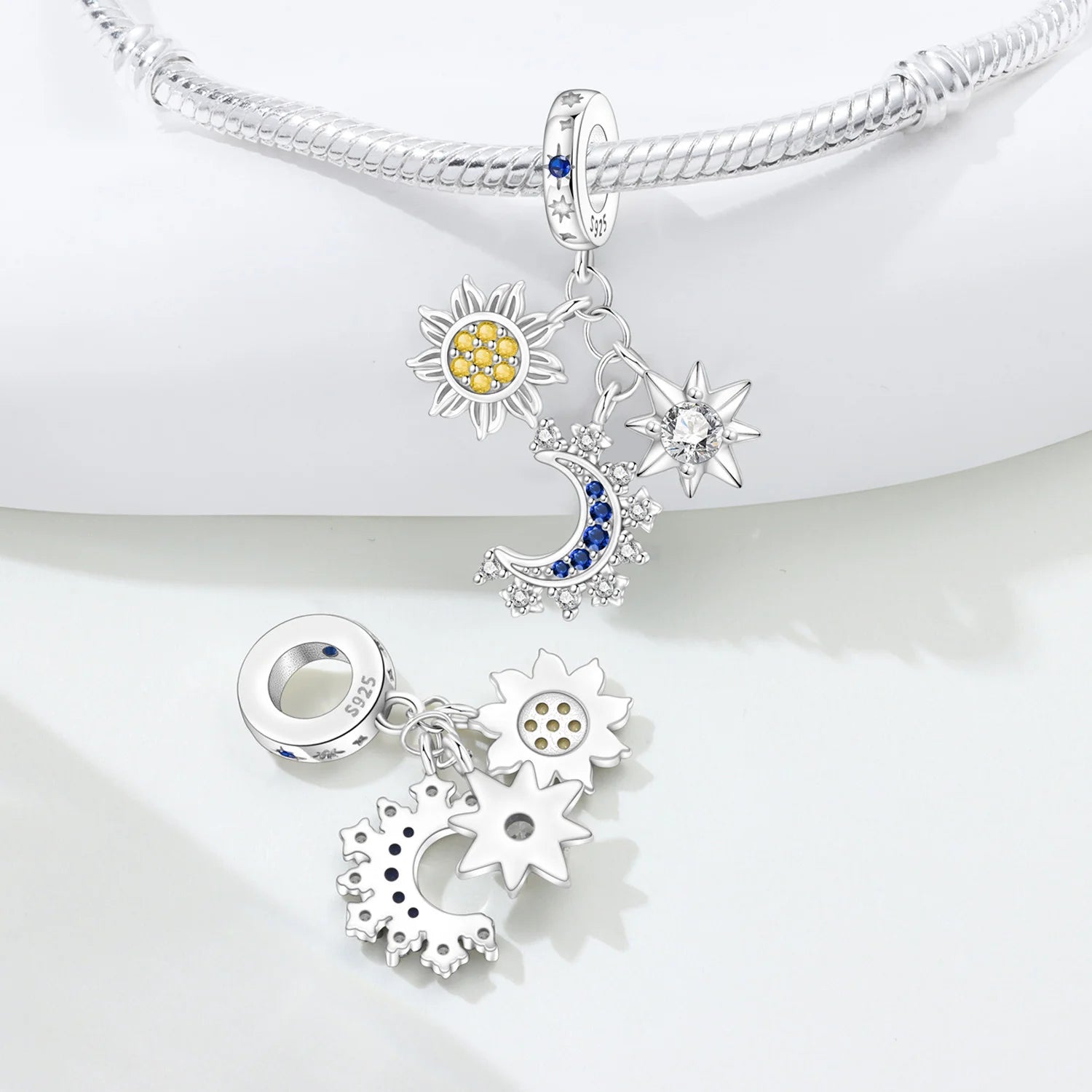 PANPOKI 925 Sterling Silver Star Moon Sun Tassel Beads Original Pendants Bracelet Charm Jewelry Party DIY Trendy Gifts