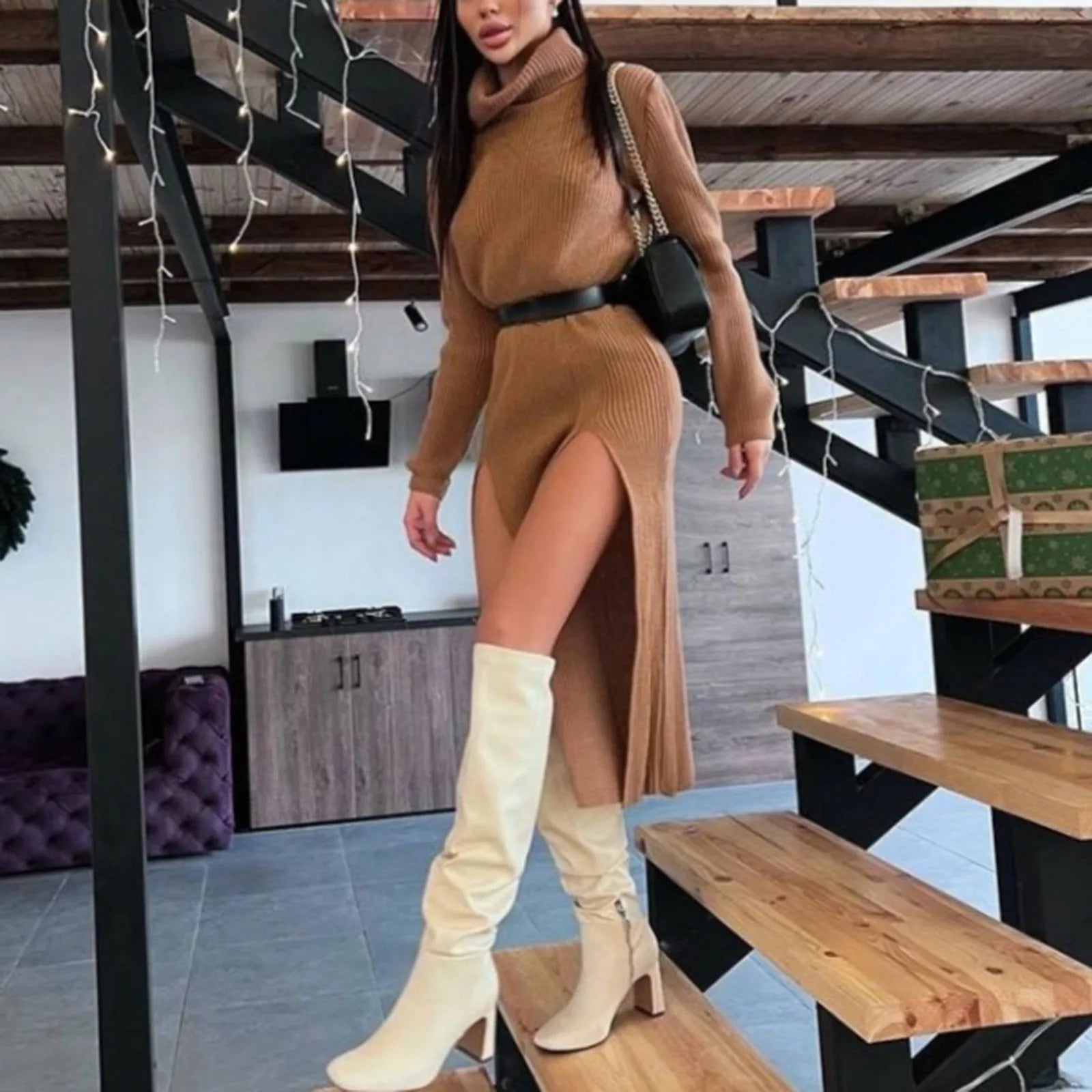 Sexy Bodycon Slit Knitted Sweater Dresses Long Sleeve Turtleneck Knitt Sexy Bodycon Slit Knitted Sweater Dresses Long Sleeve Turtleneck Knitt
