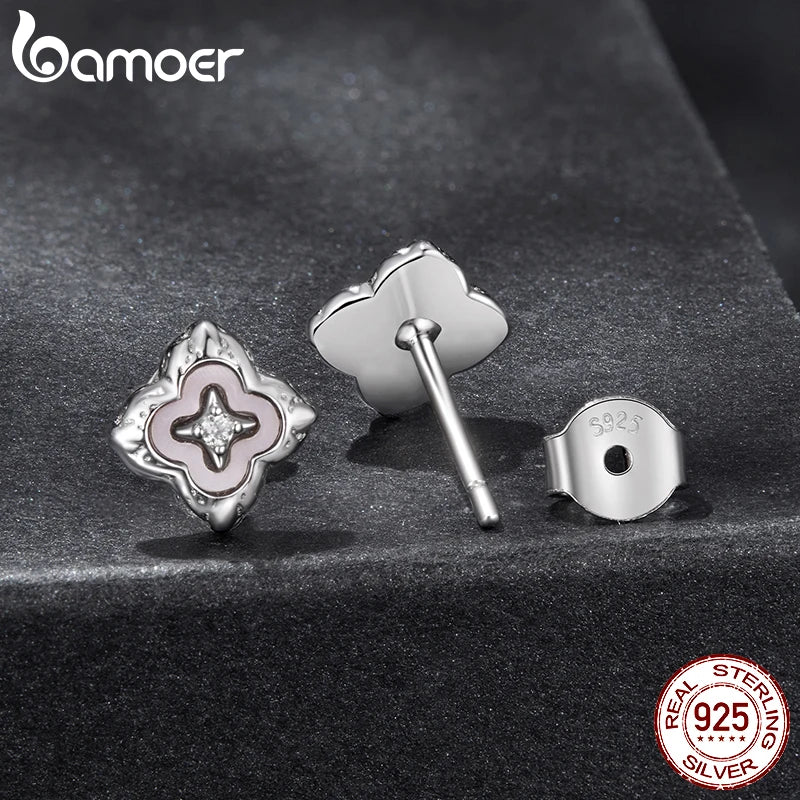 BAMOER Clover Moissanite Stud Earrings, High-quality Nacre Crystal Plant Earrings Original for Women Vintage Pearl Jewelry Gift