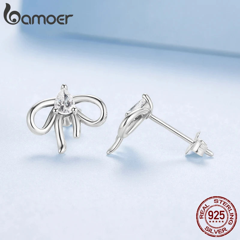 BAMOER Schleifen-Ohrstecker mit Zirkonia, romantische Schleifen-Ohrhänger für Damen und Mädchen, schlichte Ohrringe, ideal als Geburtstagsgeschenk, 925er Sterlingsilber