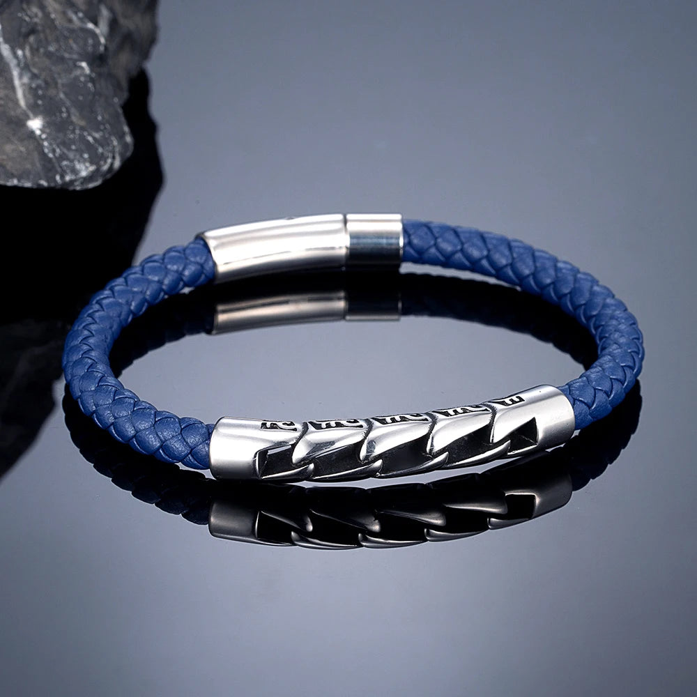 MKENDN Simple Style Braided Leather Bracelet Vintage Men Bicycle Chain Bracelet Stainless Steel Easy Buckle Male Jewelry