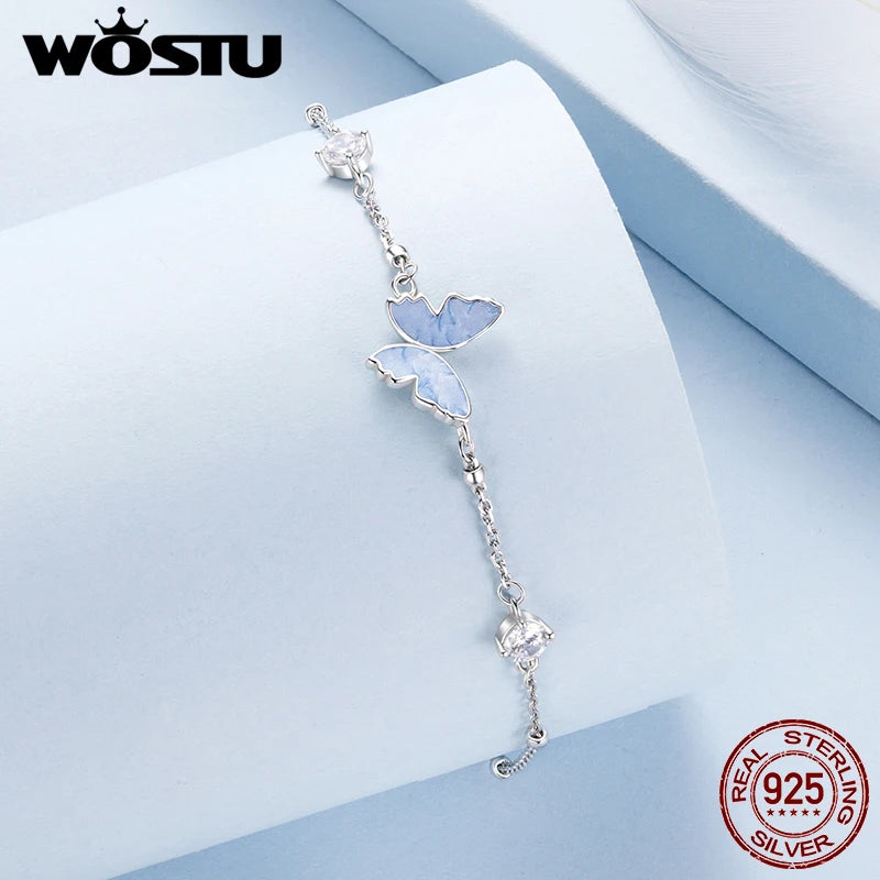 WOSTU 925 Sterling Silver Blue Butterfly Charm Bracelet for Women, Shiny Zircon Beaded Chain Links Enamel process Insect Jewelry