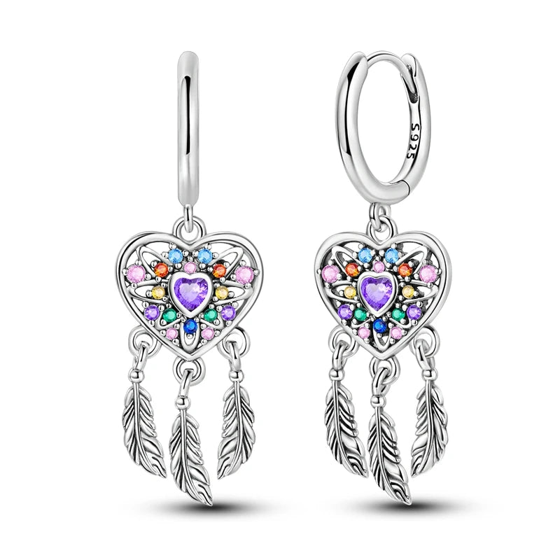 New 925 Silver Plated Shiny Dream Catcher Feather Earrings For Women Exquisite Butterfly Earrings Fashion Birthday Jewelry