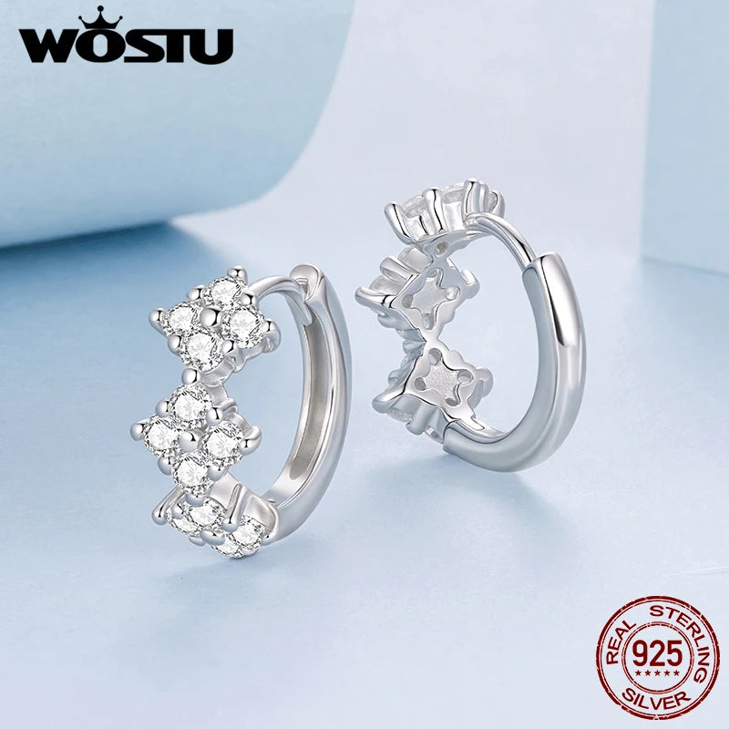 WOSTU Solid 925 Silver AAA CZ Four-Leaf Clover Huggies Earrings For Women, Full Zircon Wedding Engagement Hoop Earring Party G