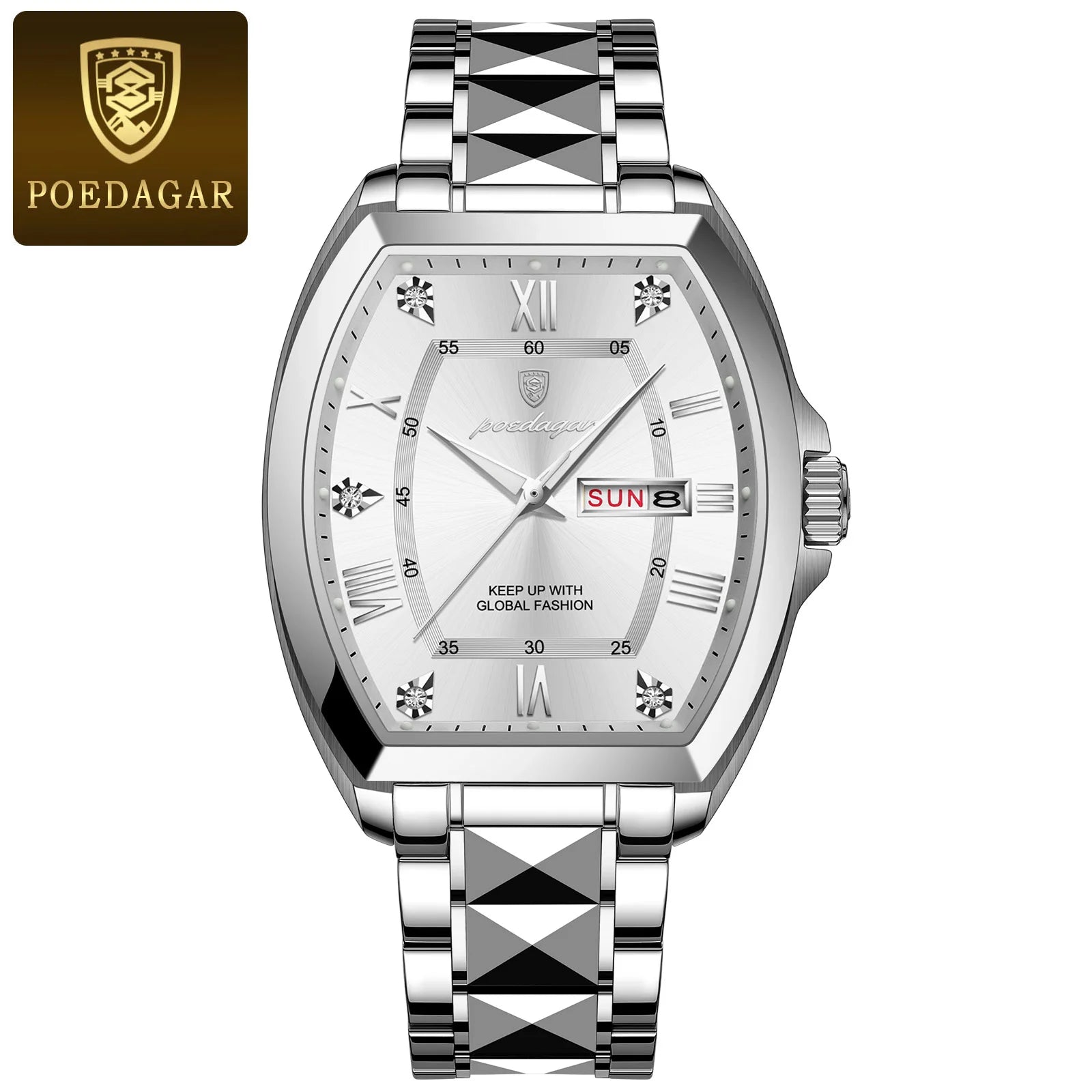 POEDAGAR Luxury Stainless Steel Watches for Man Luminous Waterproof Date Week Men Watch Tonneau Case Men's Quartz Watches Reloj