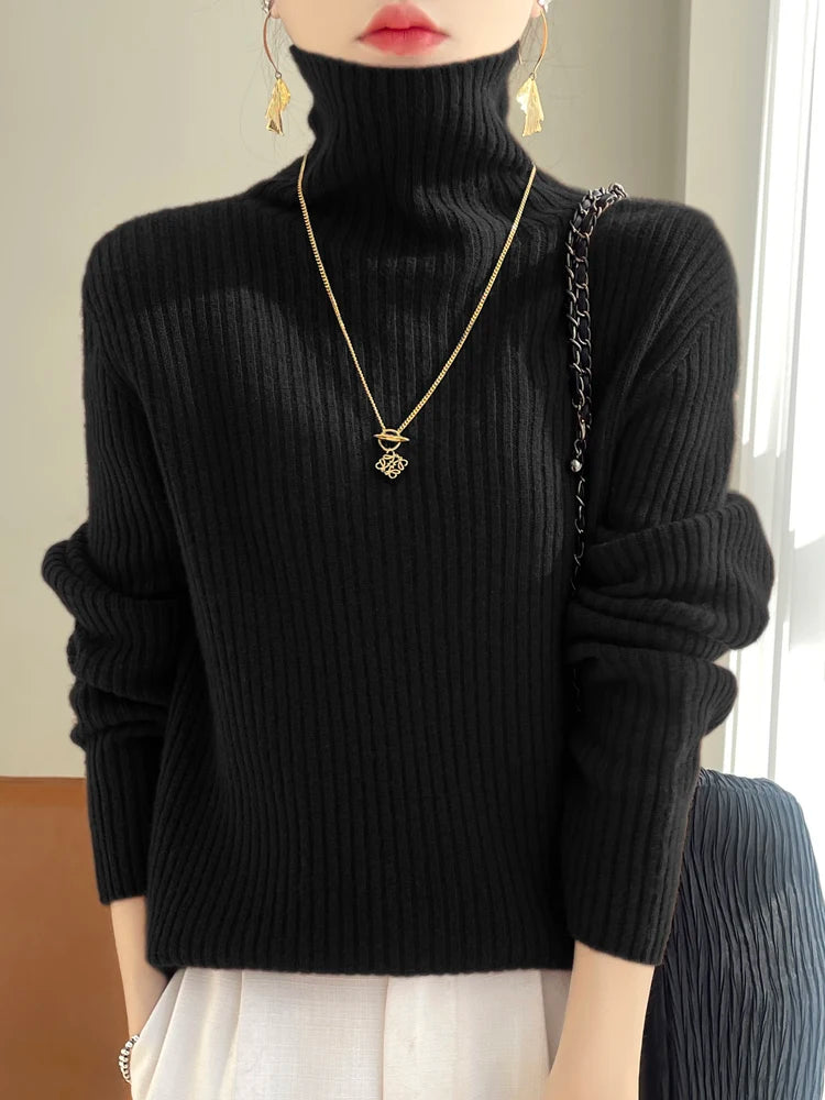 Women 100% Merino Wool Sweater Turtleneck Knitted Vertical Stripes Pullover Autumn Winter Thickened Cashmere Casual Knitwear Top