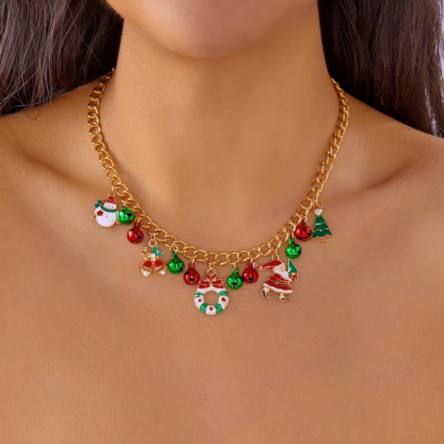 Christmas Metal Chain Necklace For Women Girls Santa Claus Snowman Bell Elk Wreath Pendant Clavicle Choker Party New Year Gifts