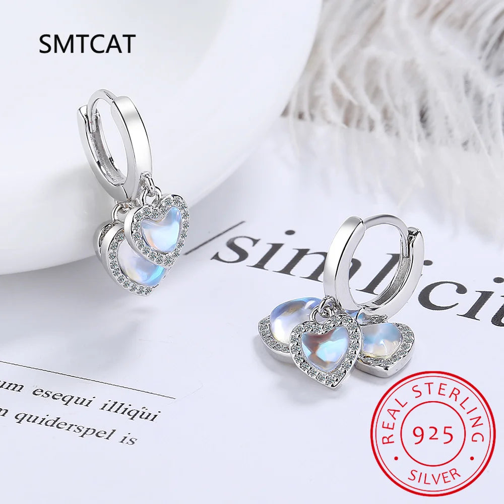 925 Sterling Silver Luxury Zircon Ear Buckle Heart Moonstone Tassels Hoop Earring for Women Engagement Fine Jewelry Aros Huggies