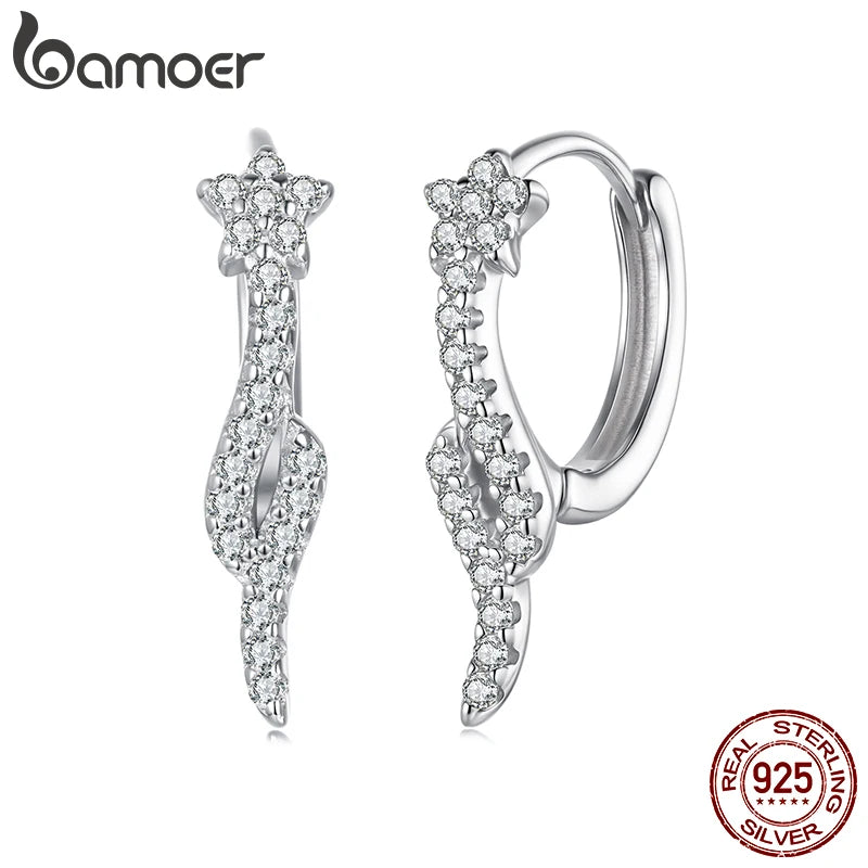 BAMOER 925 Sterling Silver Dazzling Paved CZ Hoop Earrings Shooting Star Huggies Earrings for Women Girls Cute Party Jewelry