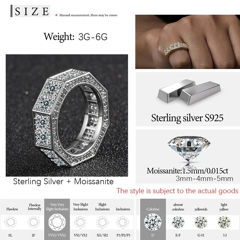 New Screw Ring Moissanite For Men Hip Hop Jewelry Sterling Silver 925 Rings Hip Hop/Rock Bling Gold Plated 18K