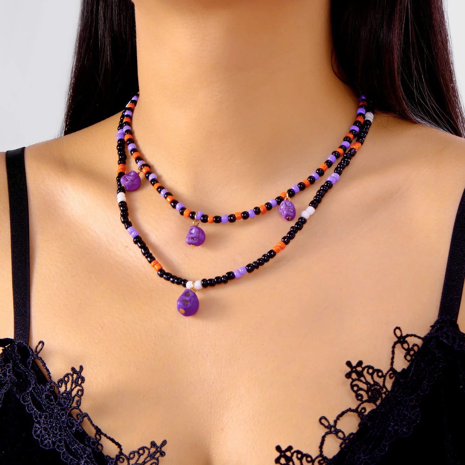 Halloween Mixed Color Rice Beads Necklace for Women Ghost Pumpkin Skull Black Bat Pendant Beaded Clavicle Choker Party Jewelry