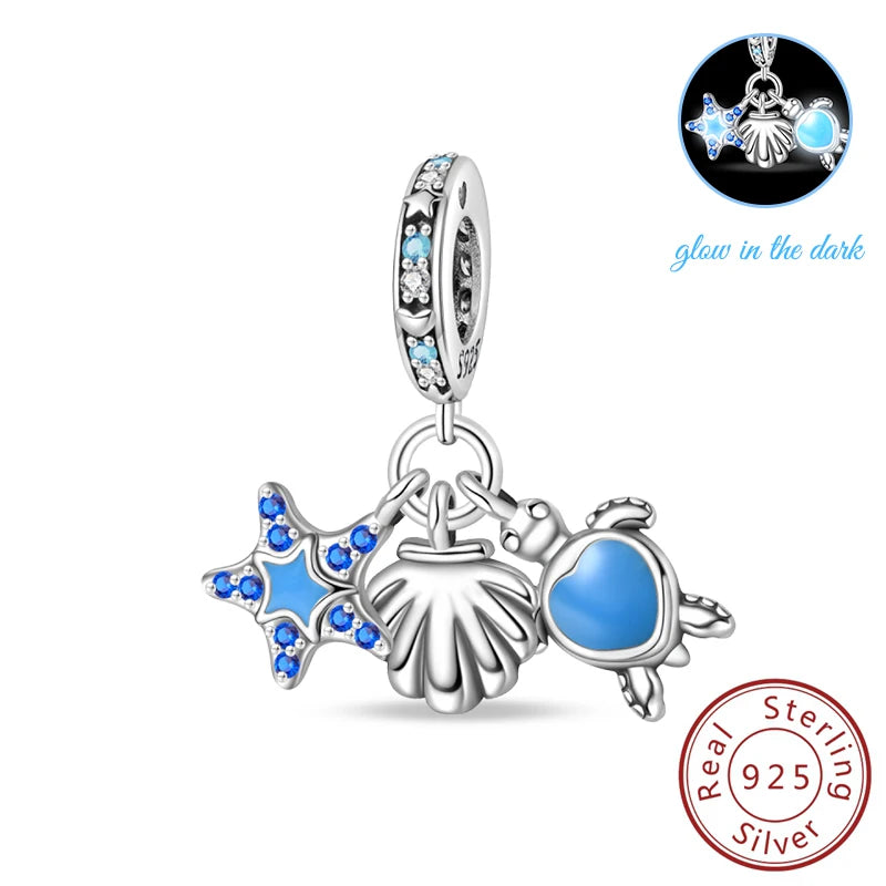100% 925 Sterling Silver Tortoise Starfish Coconut Luminous Ocean Surfing Charms Beads Fit 925 Original Bracelets DIY Jewelry
