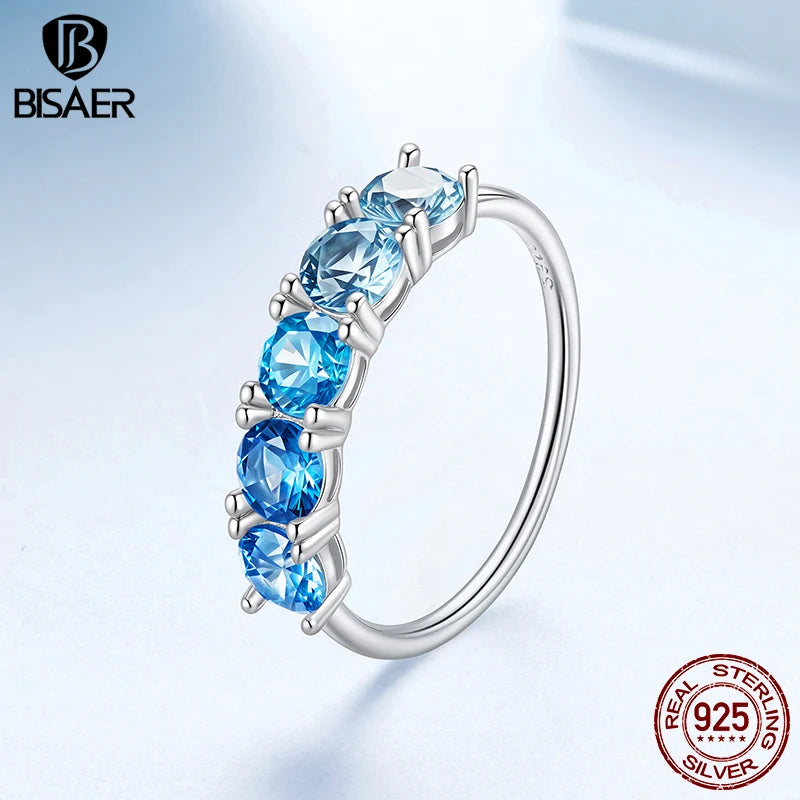 BISAER 925 Sterling Silver Sea Blue Ring Stackable Eternity Band Plated White Gold for Women Wedding Fine Jewelry EFR706