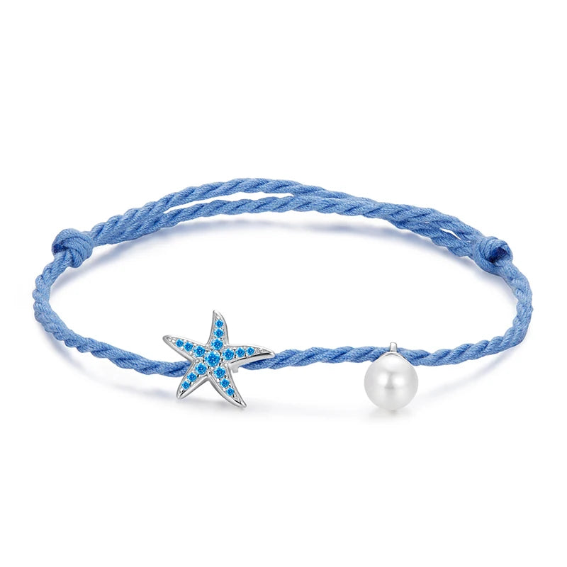 WOSTU 925 Sterling Silver Fashion Blue Starfish Pearl Bracelet Adjustable Braided Rope Bracelets Women Fine Ocean Jewelry Gift