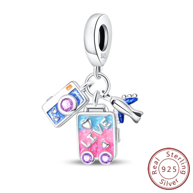 Original Charms Pendant Real S925 Sterling Silver Travel Luggage Airplane Charms Beads for Women Fine Jewelry Gift Making