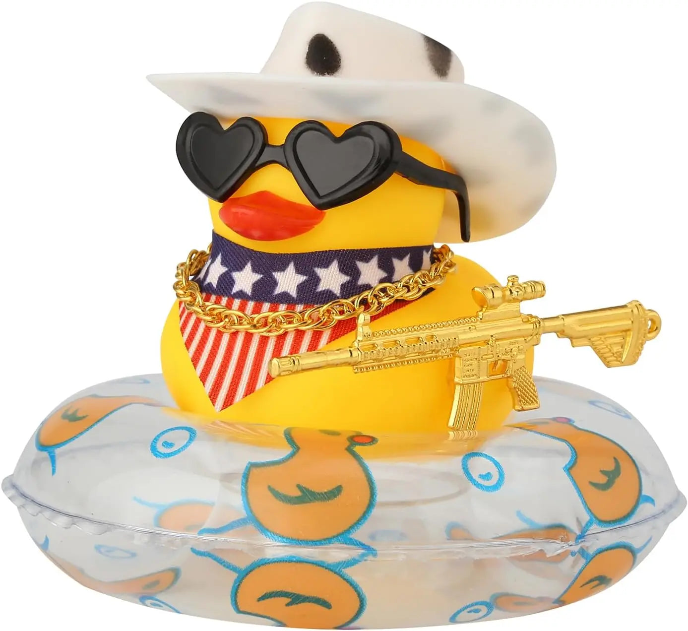 Rubber Duck with Weapon for Car Dashboard Decor, Squeaky Duck Toy Yellow Cowboy Ducks Car Ornament Fun Car Accessories