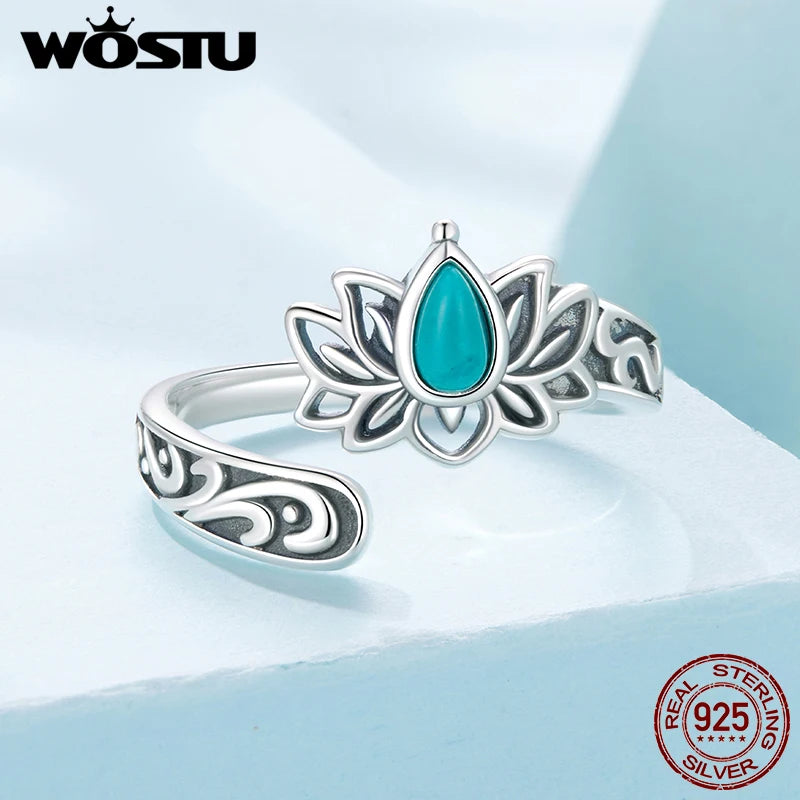 WOSTU Vintage 925 Sterling Silver Turquoise Lotus Open Ring For Women, Handmade Adjustable rings Boho Ethnic Statement  Jewelry