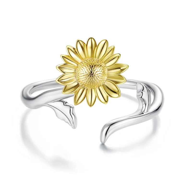 Bamoer 925 Sterling Silver Gold Sunflower Open Ring Adjusable Curved Band Flower Ring for Women Girls Lucky Birthday Gift