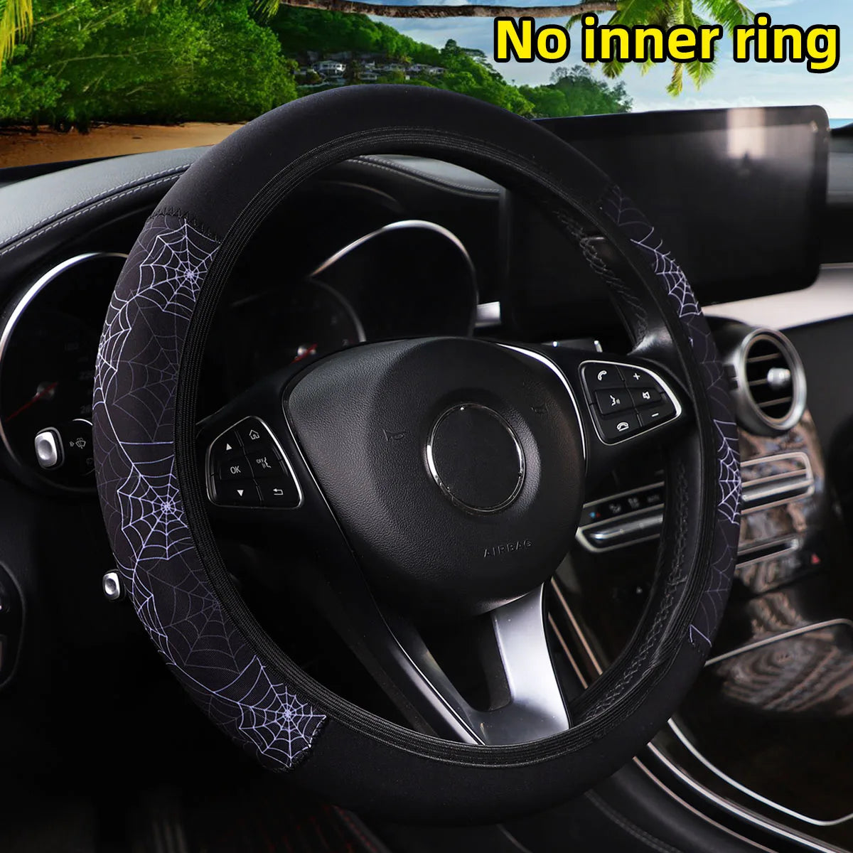 Cherry blossom chrysanthemum check spider web diving fabric printed car without inner ring steering wheel cover 38CM women's - Madeinsea©