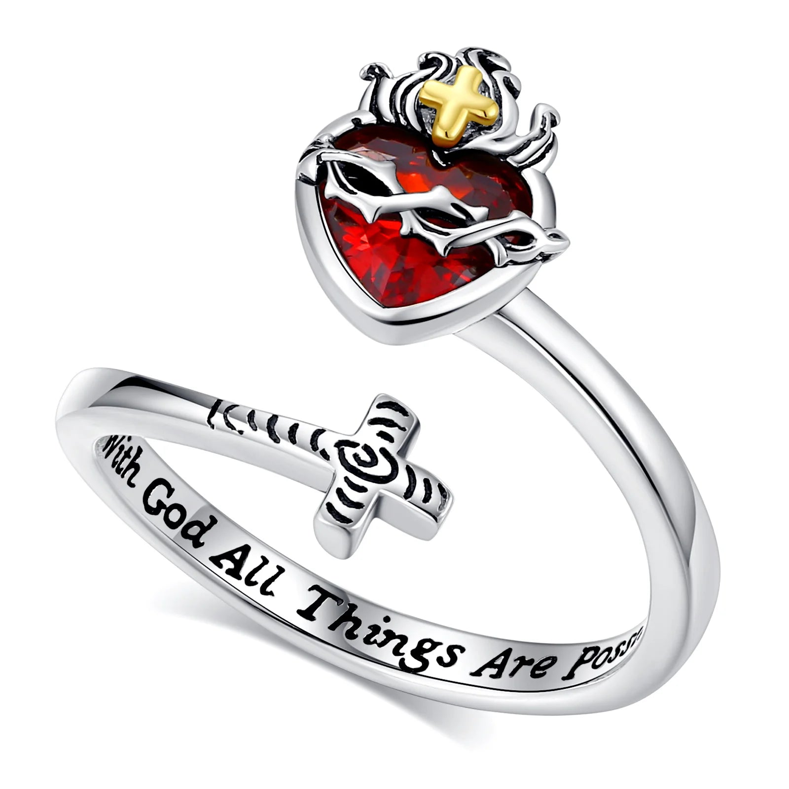 Eudora 925 Sterling Silver Sacred Heart of Jesus Adjustable Ring Cross Ring God's Love Amulet Jewelry Christian Gift for Women