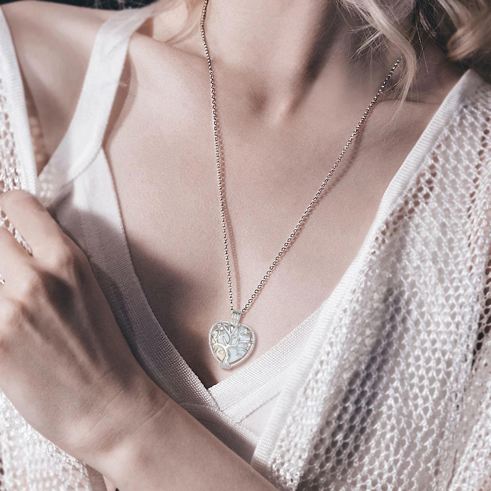 Collier Eudora Arbre de Vie Cage Coeur Obsidienne Énergie Guérison Cristal Pierre Pendentif Spirituel DIY Bijoux Pierre de Lune Cadeau