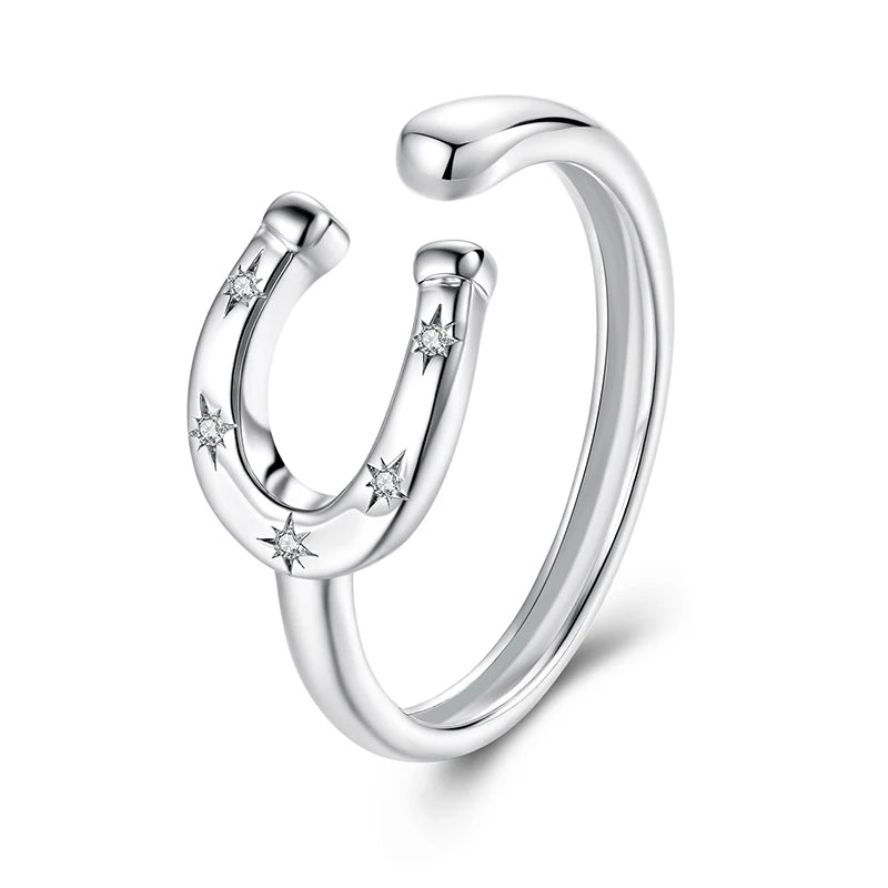 BAMOER 925 Sterling Silver U-shape Open Ring Lucky Horseshoe Ring with Star Zircons for Lover Girl Vintage Blessing Dating Gift