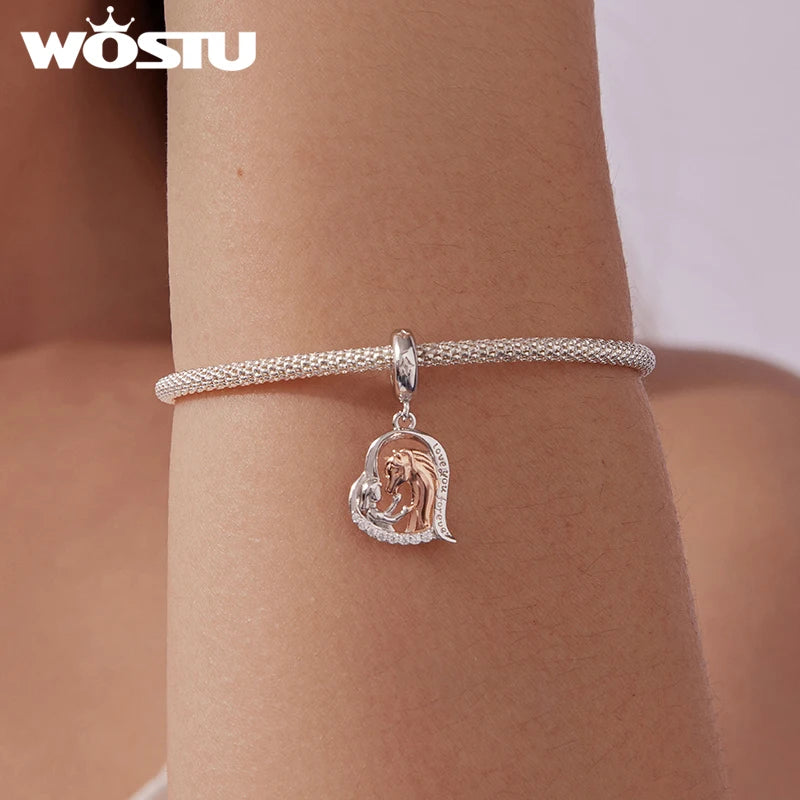 WOSTU 925 Sterling Silver Two-Tone Girl & Horse Charm Pendant For Women, Heart Bead Horse Lover Jewelry Family DIY Gift CTC1210