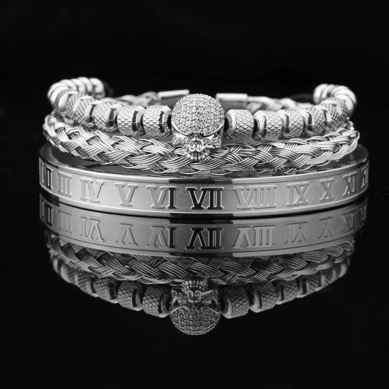 Luxury Black Stone Beads Leopard Head Man Bracelet Enamel Stainless Steel Roman Bangles Women Jewelry Set