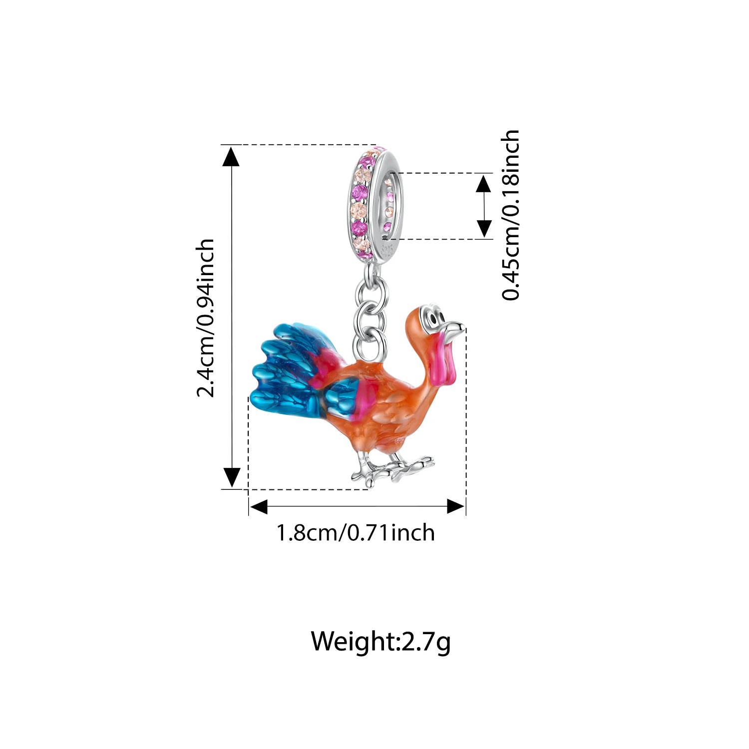 Bamoer 925 Sterling Silber Thanksgiving Truthahn Anhänger mit roten Herzperlen für Damen Armband Accessoires DIY Weihnachtsgeschenk