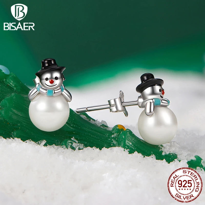 Boucles d'oreilles à tige en argent sterling 925 BISAER en forme de bonhomme de neige avec perles et émail plaqué or blanc pour femme, bijoux fins, cadeau de vacances