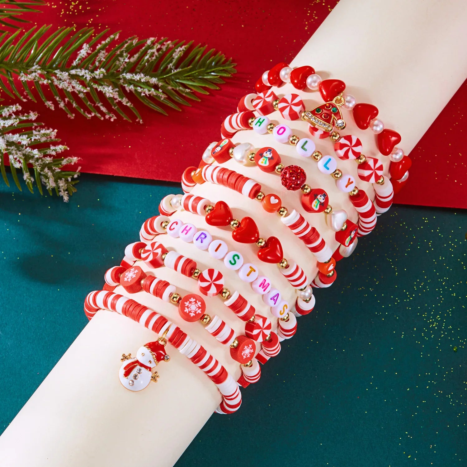10 Pcs Christmas Crystal Beaded Stackable Bracelet For Women Santa Claus Xmas Tree Snowflake Letter Beads Bangle Party Jewelry