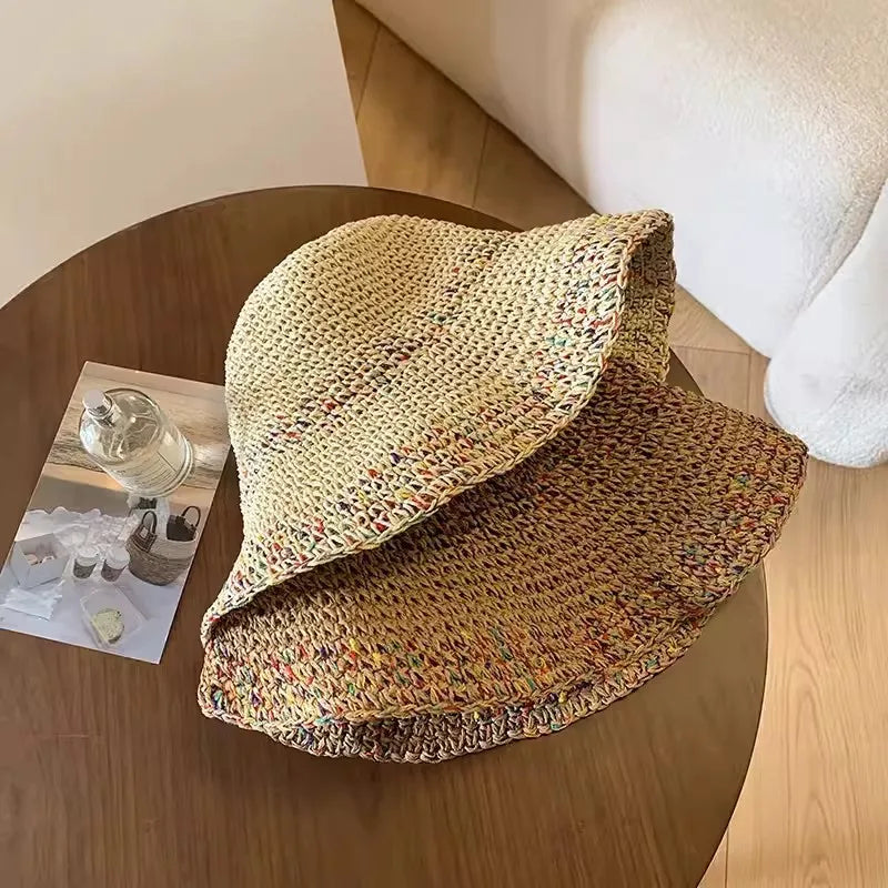 Rainbow woven women's sunscreen hat summer Japanese straw hat  protective fashion, breathable hollow beach sun hat