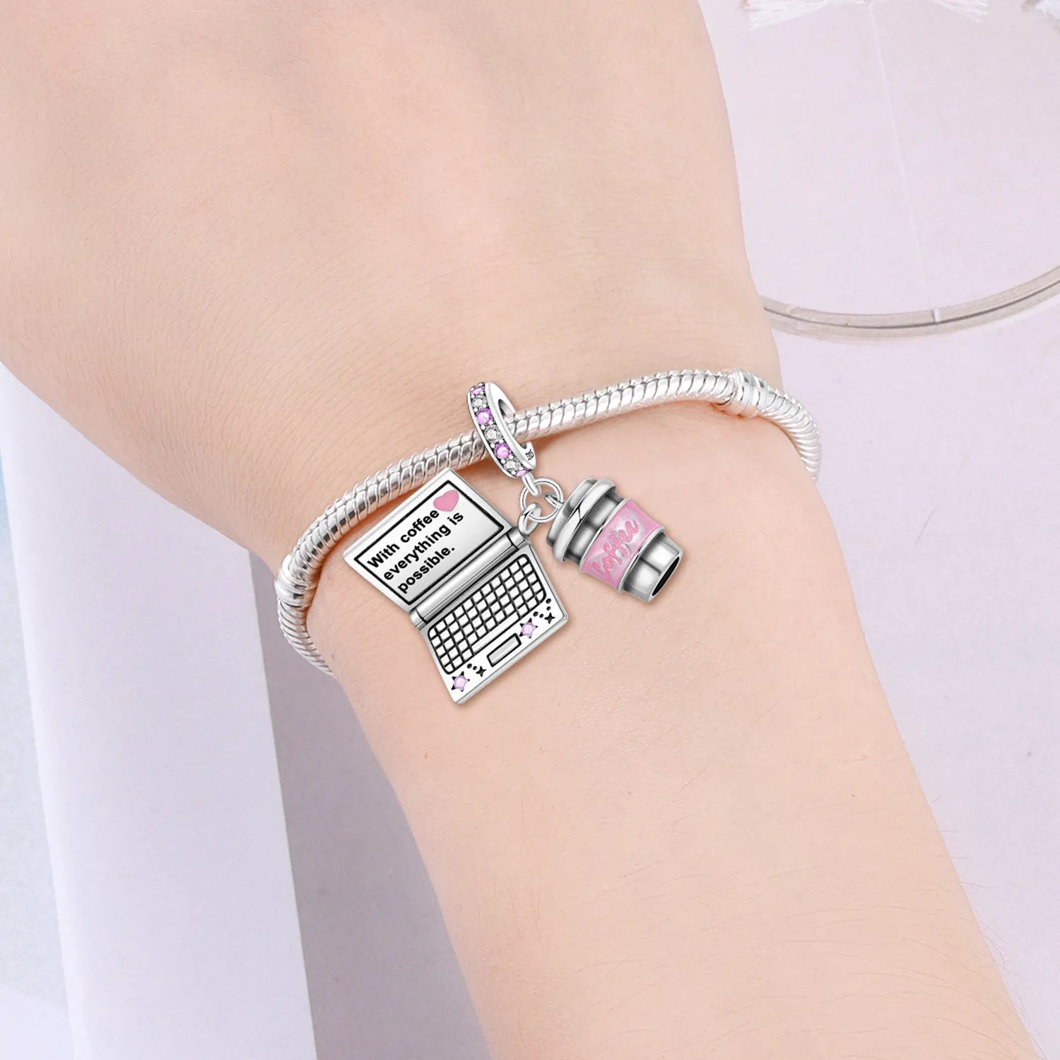 PANPOKI 925 Sterling Silver Pink Coffee Notebook Beads Original Pendants Bracelet Charm Jewelry Party DIY Trendy Gifts