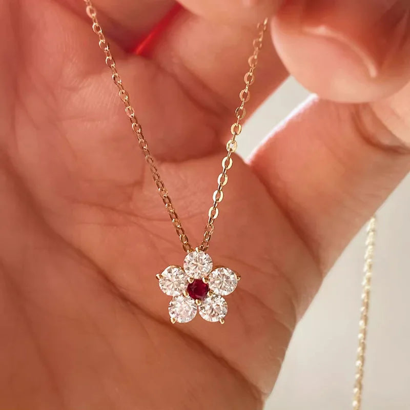 925 Sterling Silver Retro High Quality Flowers Pendant Necklace Red CZ For Women Birthday Gift Fine Jewelry