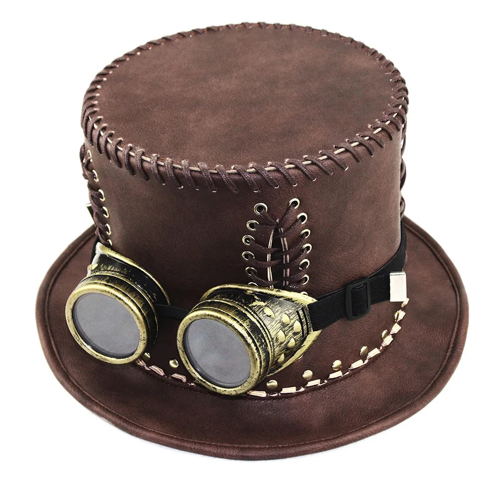 Vintage steampunk men's hat with top hat steampunk leather bowler hat halloween top hat gothic rave nightclub