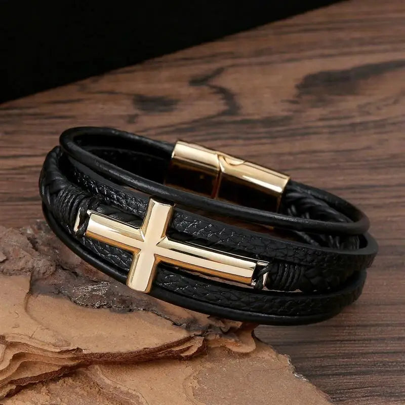 Classic Men's Leather Bracelet Cross Charm Choose Multilayer Hand Woven Bracelets Male Bangles Gifts Jewelry 19/21/23cm
