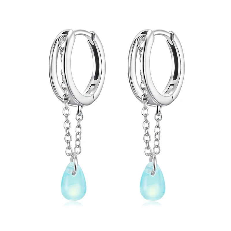 WOSTU Real 925 Sterling Silver Original Long Link Green Crystal Drop Earrings For Women Water drop Tessel Ear Hoops Party Gift