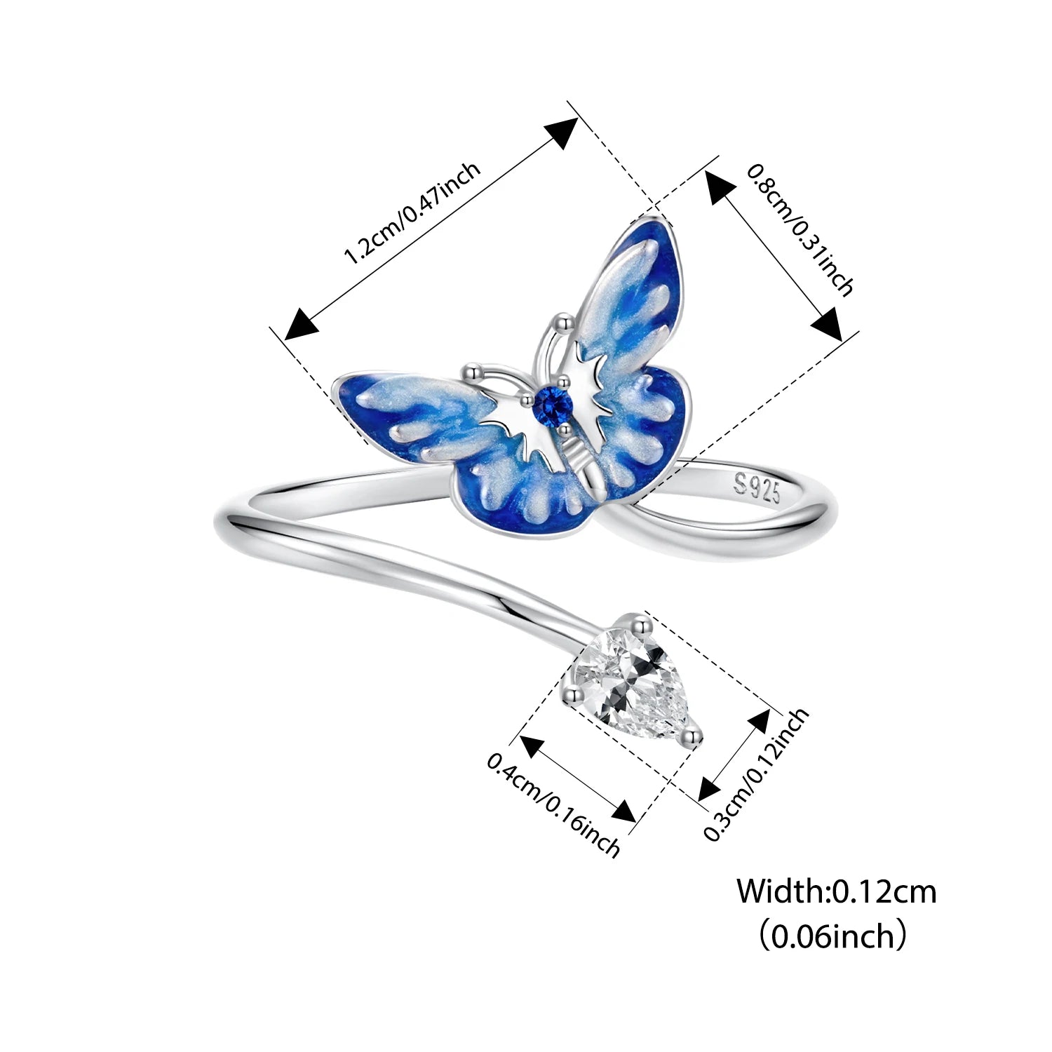 BISAER Real 925 Sterling Silver Butterfly Jewelry Set Bule Enamel Process Stud Earrings Open Ring For Women Party Fine Jewelry